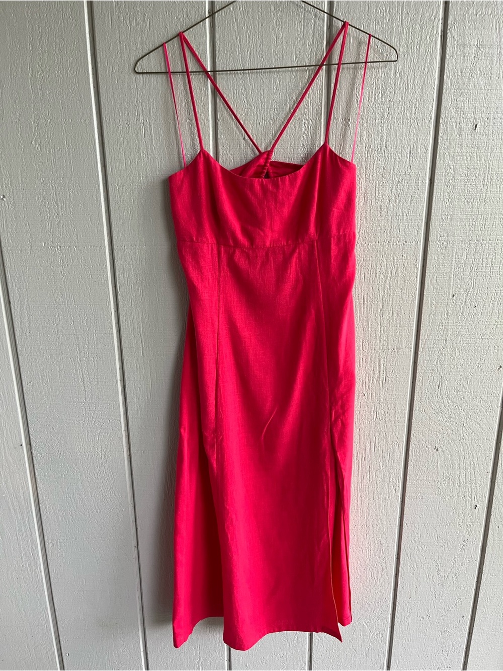 Intermix Linen Cotton Blend Midi Dress Side Slit Open Back in Hot Pink Size 6